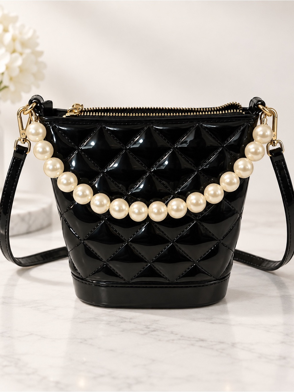 Quilted Black Mini Bucket Bag with Pearl Handle